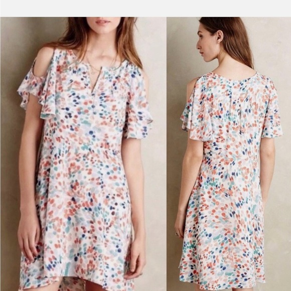 Maeve Anthro Watercolor Pastel Orange Blue Dot Flutter Sleeve Cutout Dress XS - Picture 1 of 8